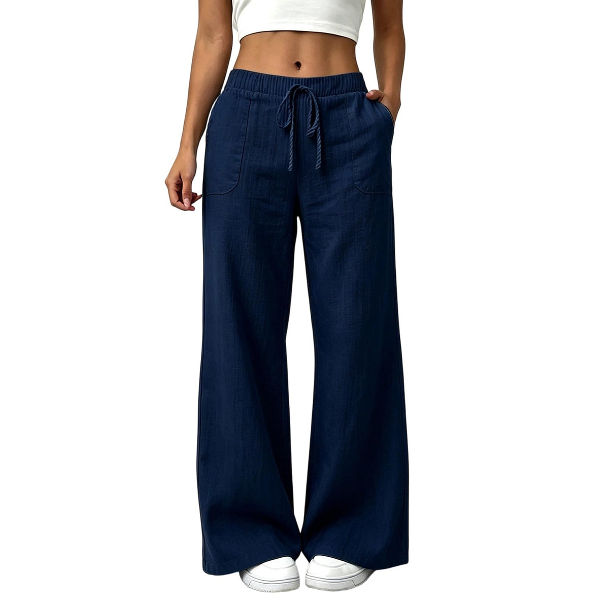 YRAETENM Wide Leg Linen Pants for Women Drawstring High Waisted Trousers