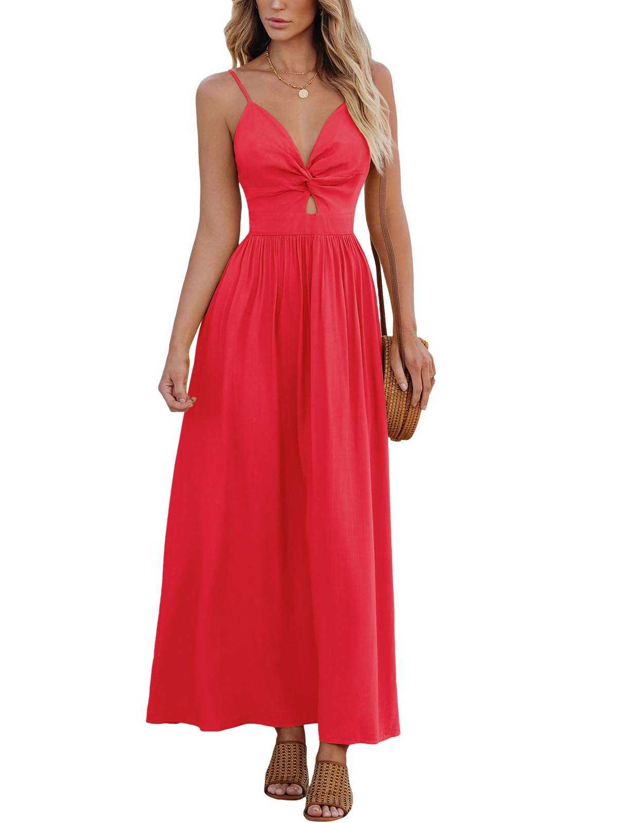 CUPSHE Women's V Neck Twisted Pleated Cutout Backless Formal Maxi Dress
