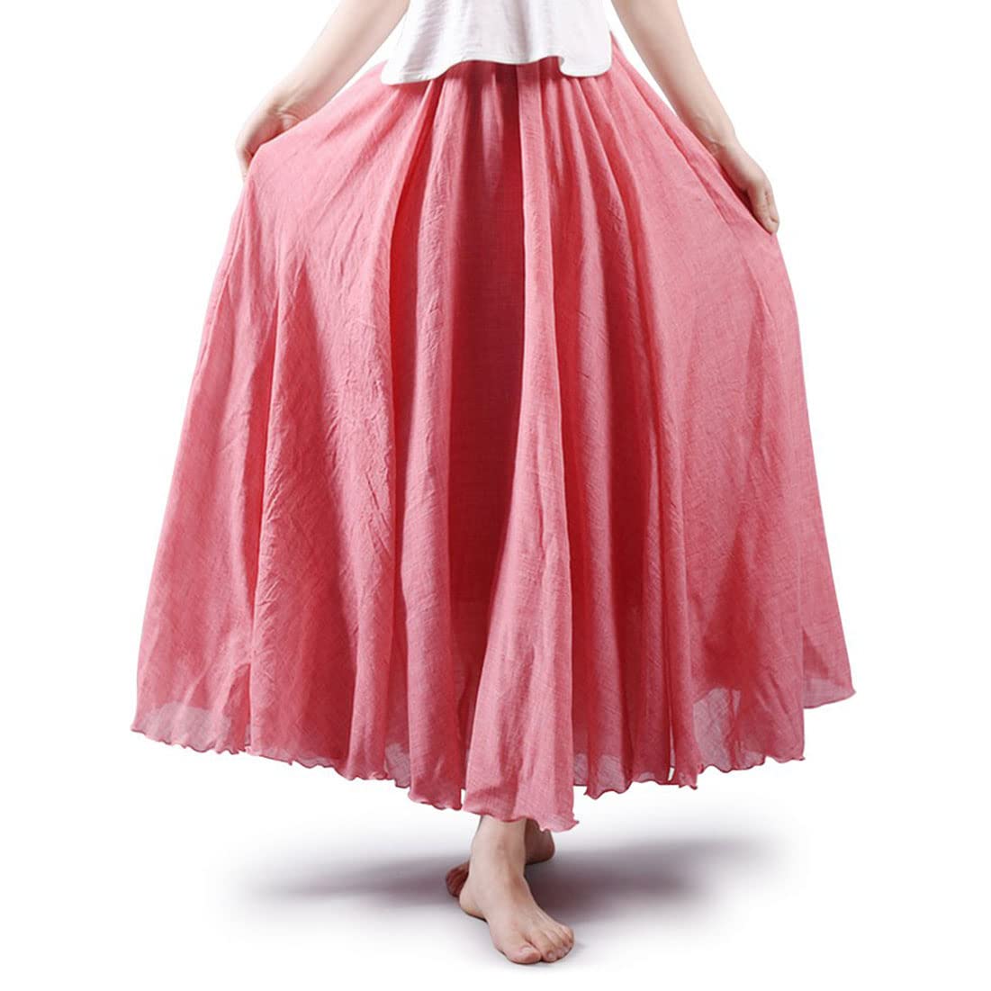 Women Bohemian Style Elastic Waist Band Cotton Linen Long Maxi Skirt Dress