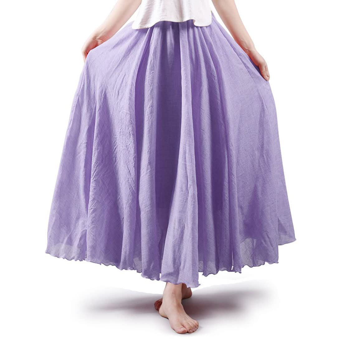 Women Bohemian Style Elastic Waist Band Cotton Linen Long Maxi Skirt Dress