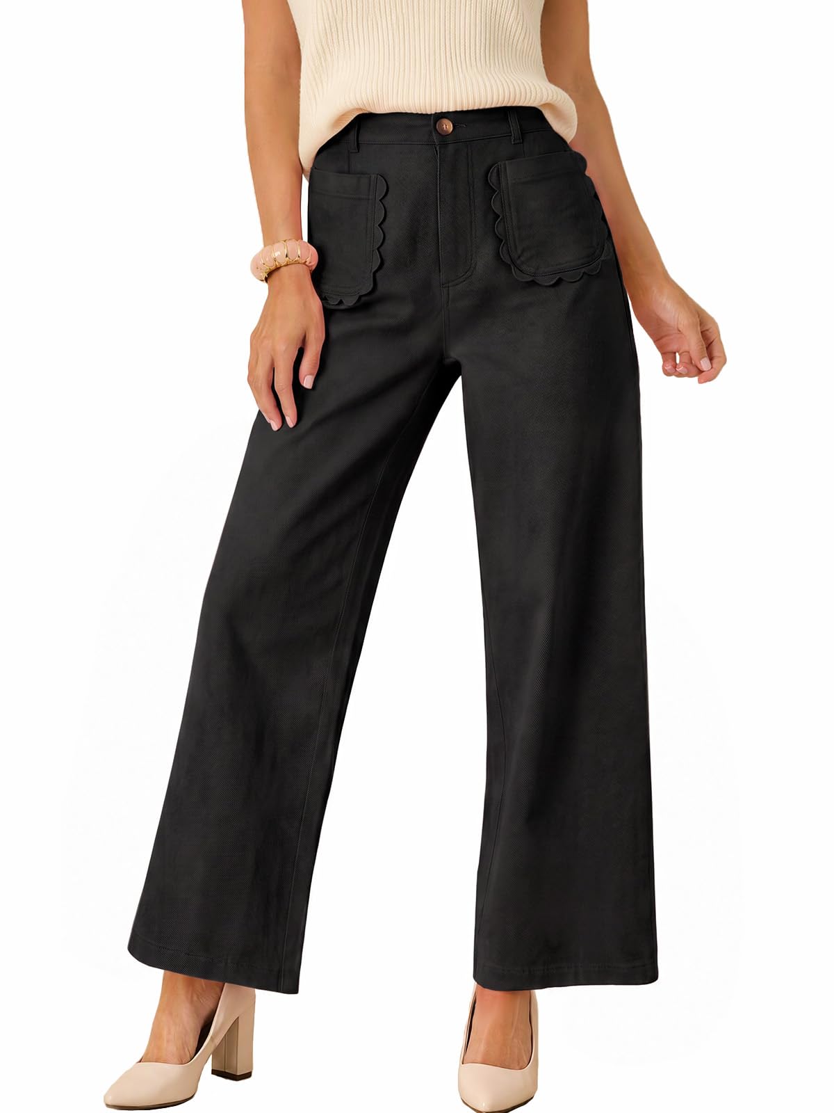Tankaneo Womens Wide Leg Cotton Pants High Waisted Dressy Casual Trousers