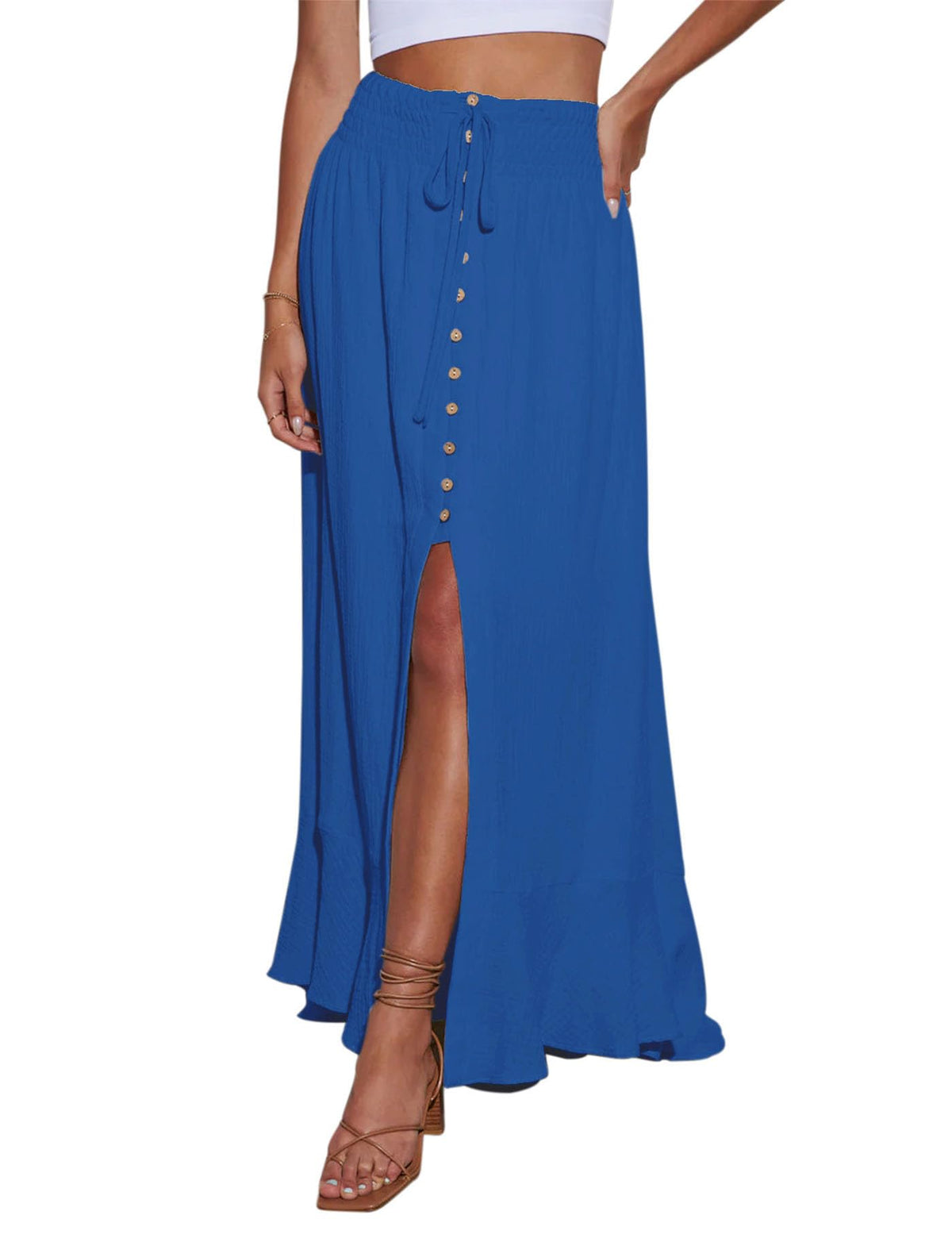 Minclouse Women's Elastic Tie Waist Button Down Maxi Skirts Casual Loose Flowy Swing Slit Front Dress