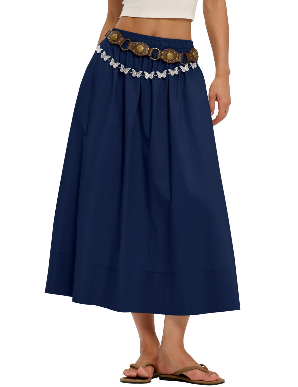 LOMON Midi Skirts for Women with Pockets A-Line Cotton Flowy Elastic Waist