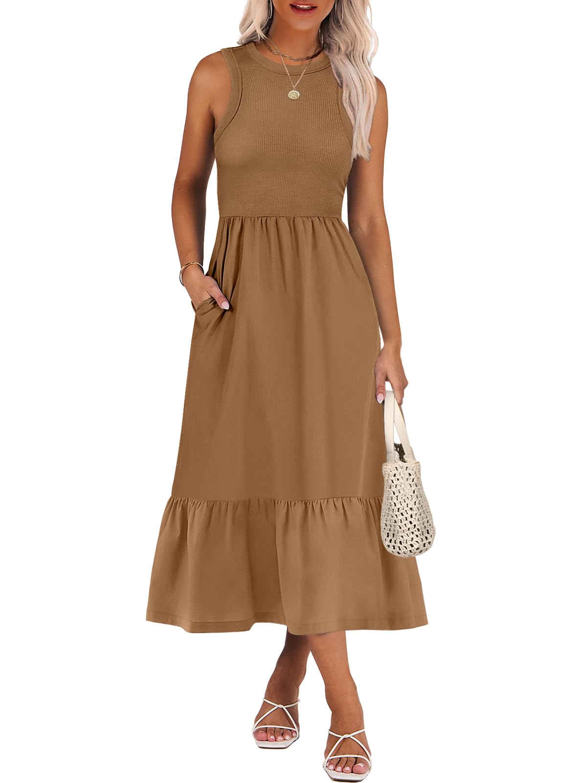 ANRABESS Womens Summer Dresses Casual Beach Tank Midi Sundress with Pockets