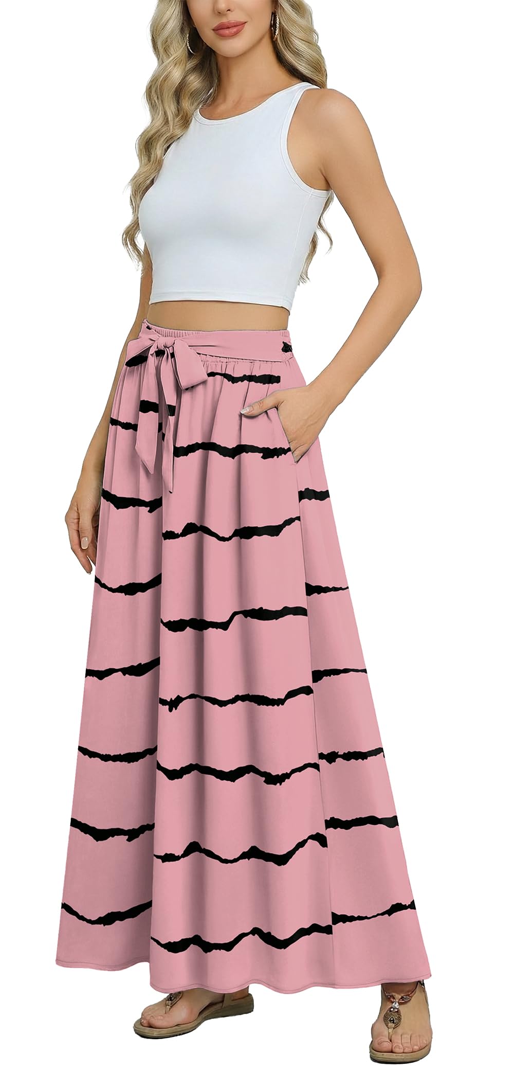 Askyes Womens Maxi Skirt Summer Trendy Tie Knot Elastic High Waisted Boho Casual Beach Flowy Swing Long Skirts with Pockets