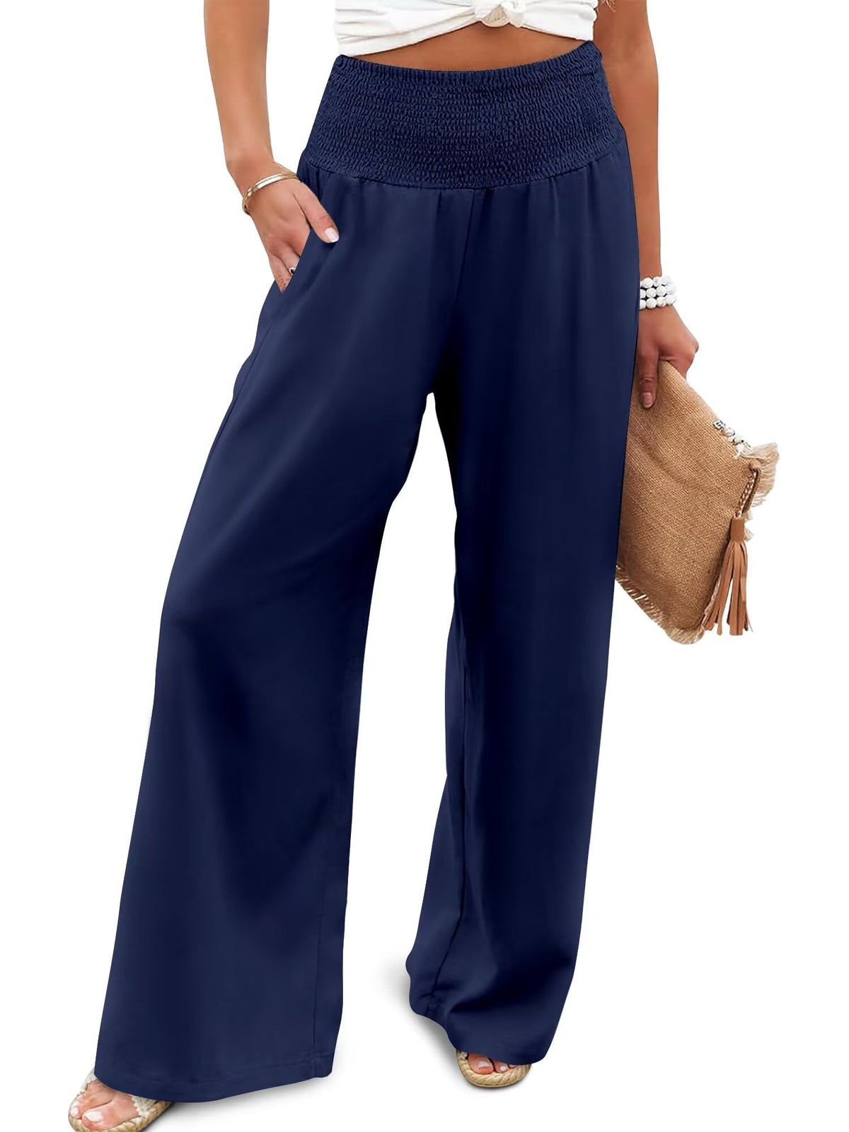 JZC Womens Wide Leg Pants Elastic High Waisted Palazzo Pants Summer Flowy Casual Trousers Beach Travel Vacation Outfits