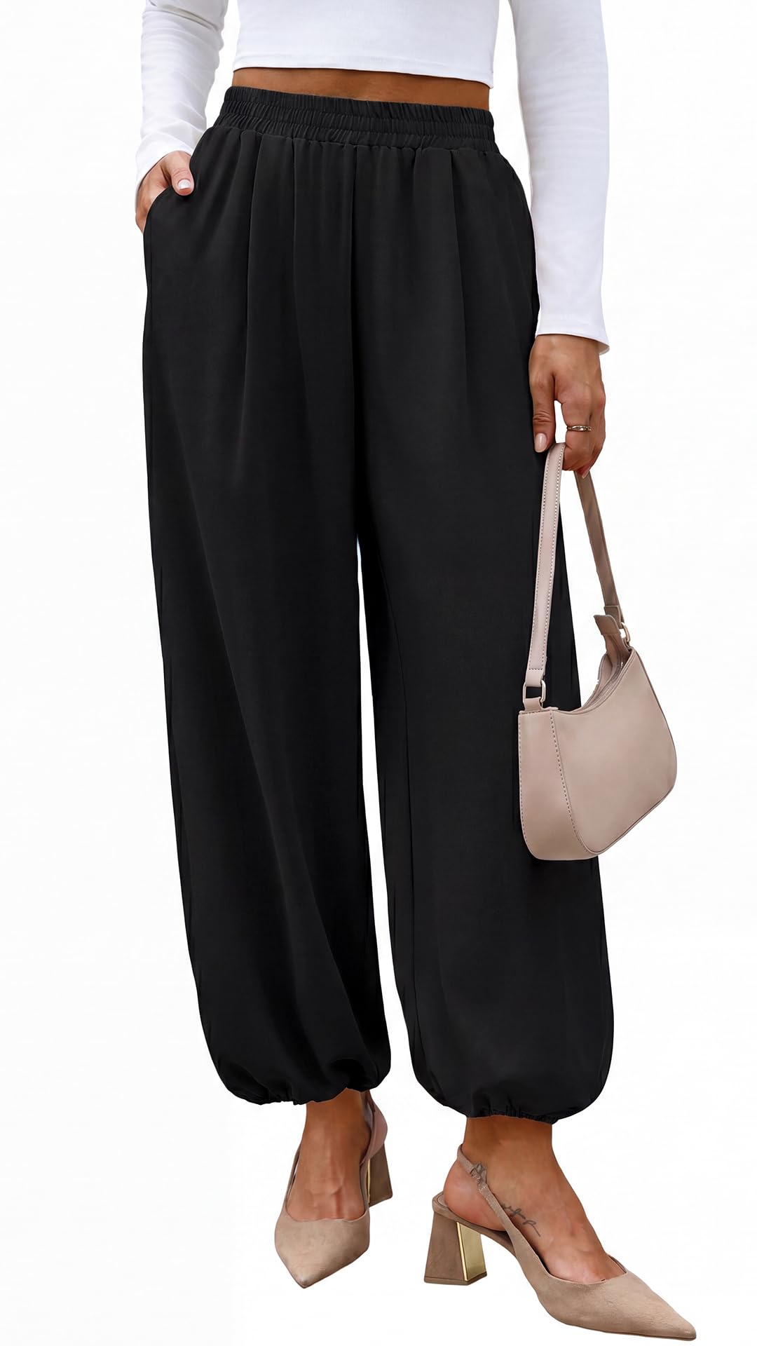 Sampeel Balloon Pants for Women Flowy High Waist Trousers with Pockets