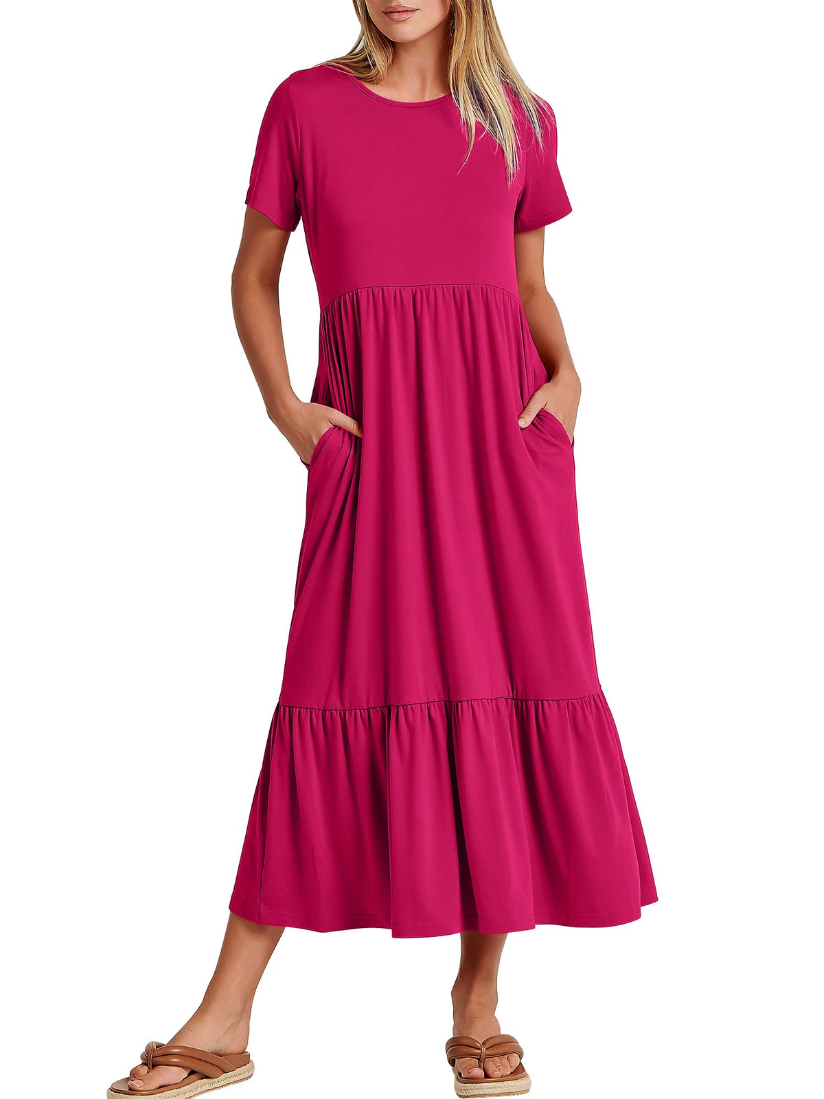 ANRABESS Womens 2026 Summer Casual Maxi Dress A line Tiered Flowy Short Sleeve Crewneck T Shirt Beach Travel Long Dresses