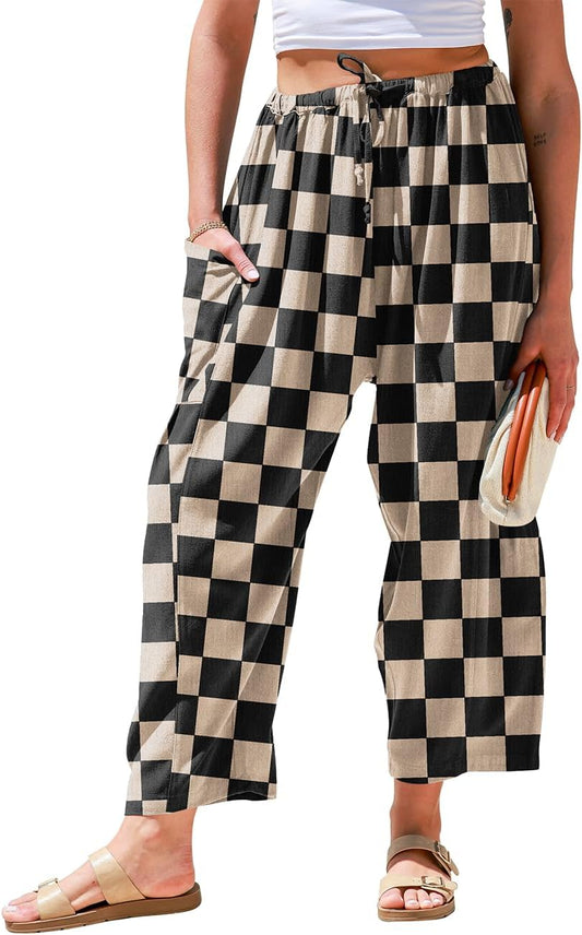 TARSE Womens Linen Palazzo Pants Wide Leg Casual Loose Drawstring Pants