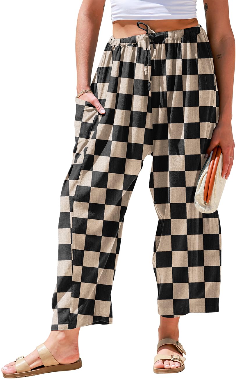 TARSE Womens Linen Palazzo Pants Wide Leg Casual Loose Drawstring Pants