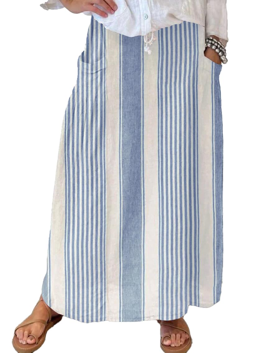 chouyatou Women's Vertical Striped High Waist Maxi Skirt Vintage Floral Cotton Long Skirt with Pockets