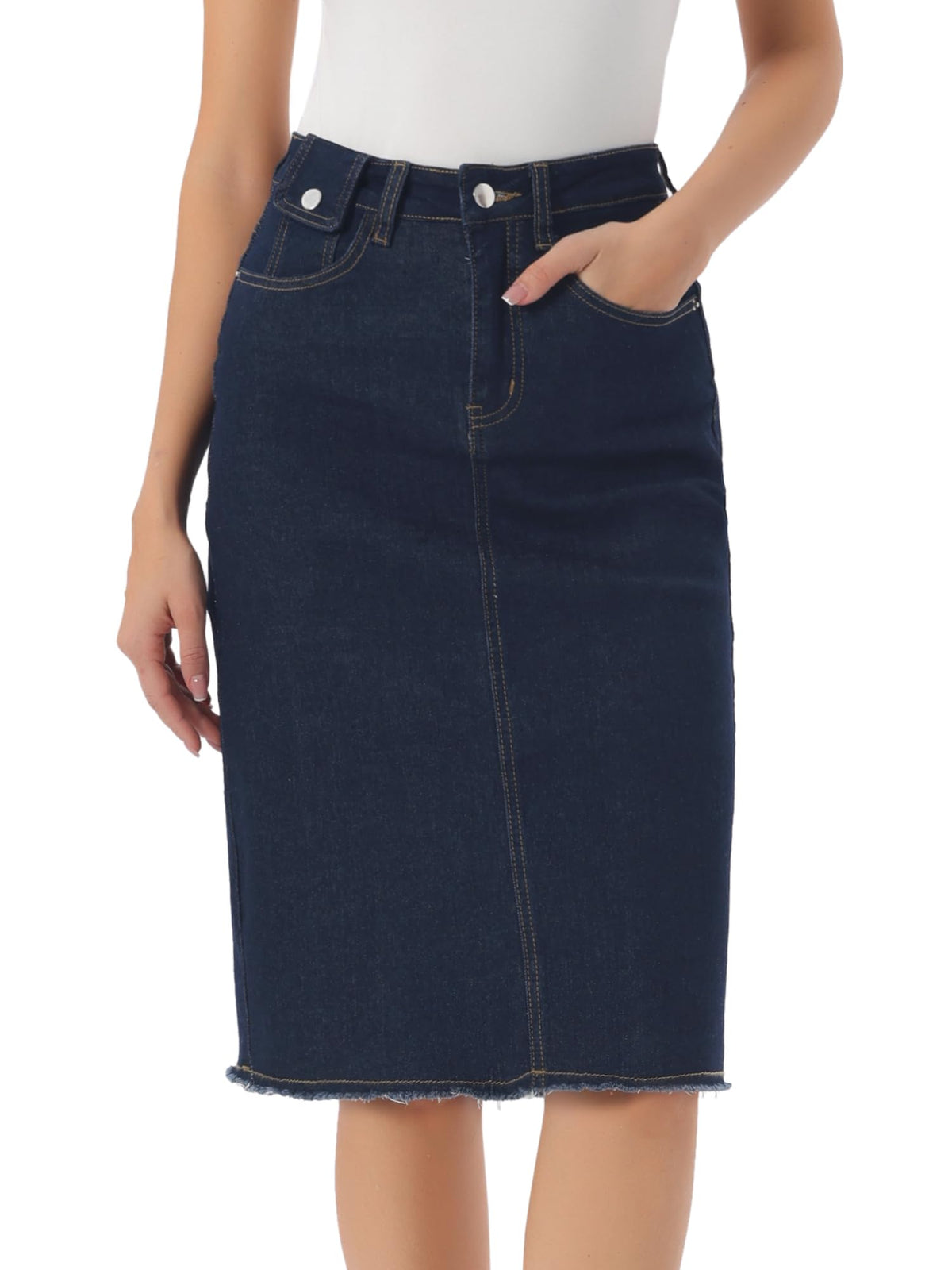 Allegra K Women's Casual Jean Skirt Raw Hem Stretch High Waist Denim Skirts