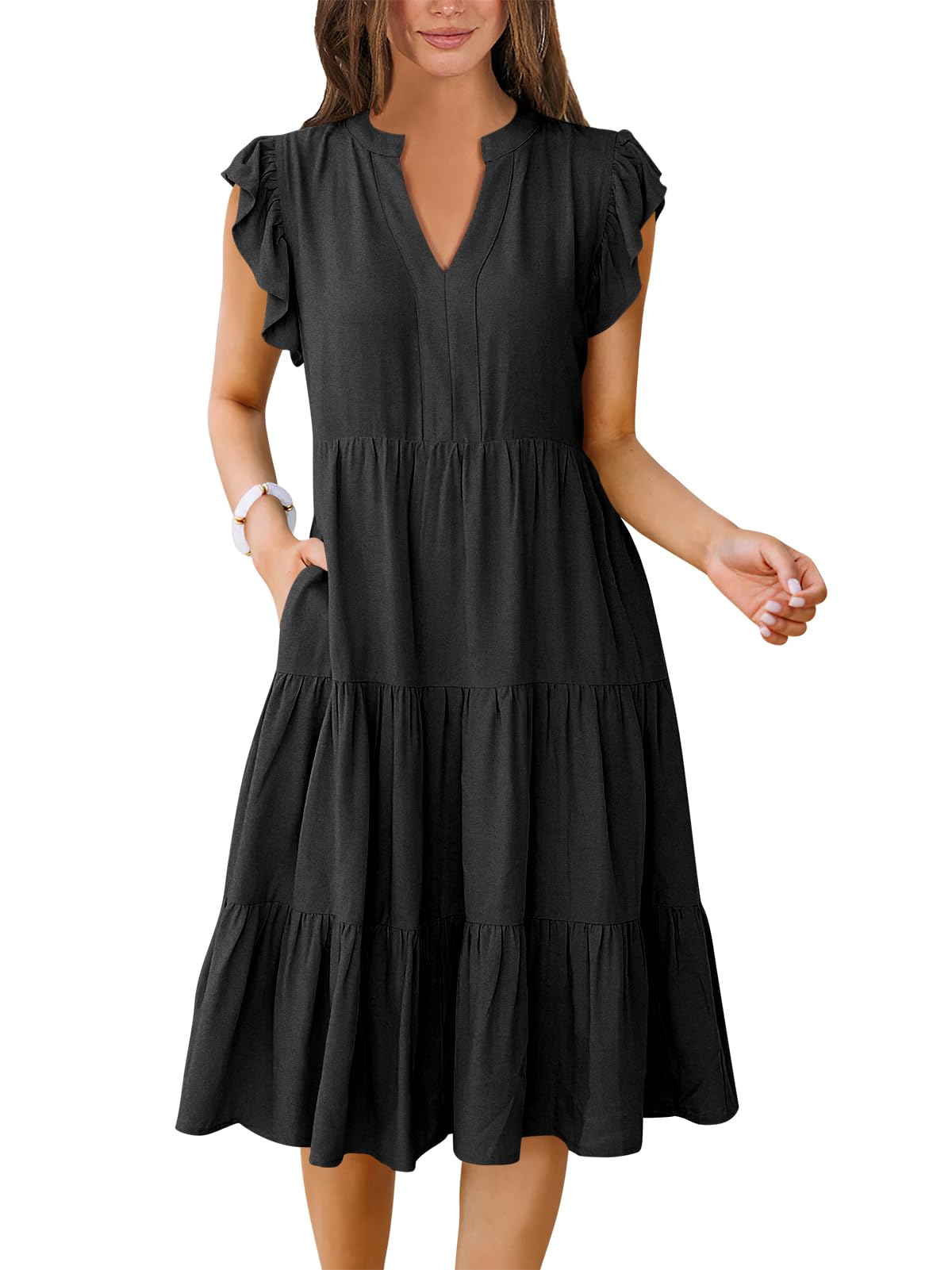 ANRABESS Womens Summer Dress Ruffle Sleeve V Neck Midi Dresses