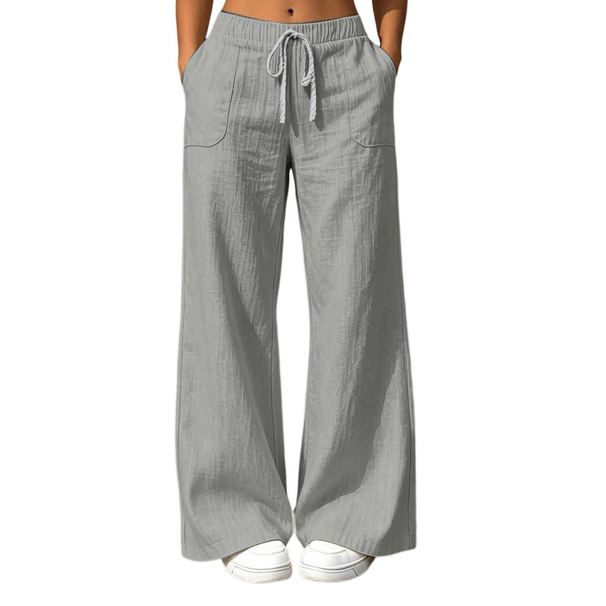 High Waisted Linen Pants Women Elastic Waist Wide Leg Flowy Lounge Pants Drawstring Palazzo Pant with Pockets