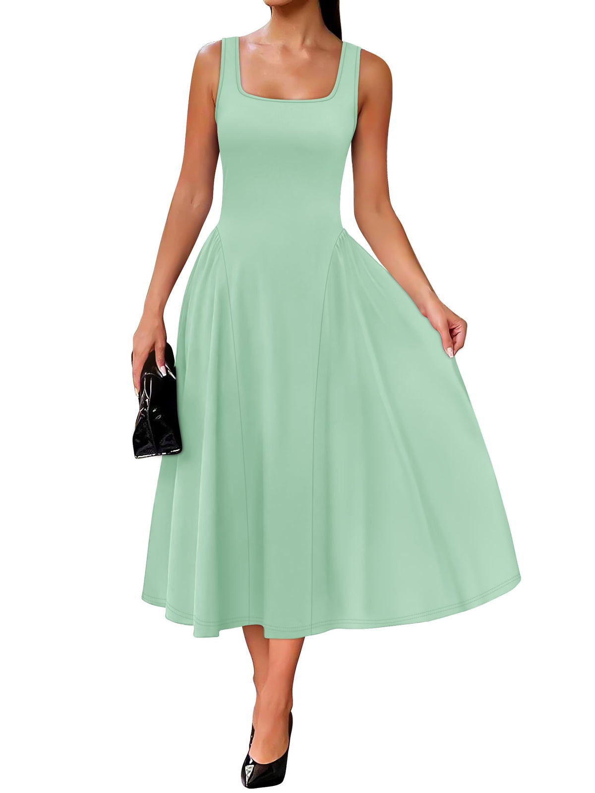 OFEEFAN Summer Dresses for Women Square Neck Corset A Line Maxi Dress Ruffle Ruched Waist Flowy Outfits