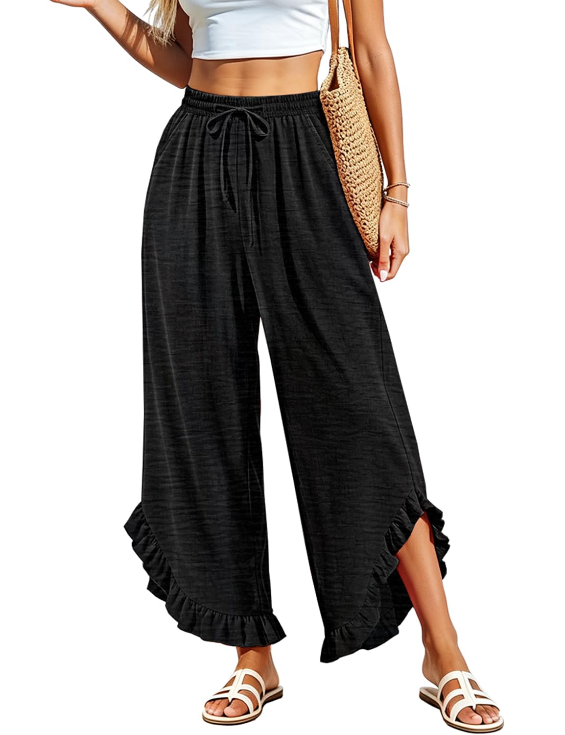 YESNO Women's Summer Wide Leg Ruffle Hem Cropped Casual Pants PAR