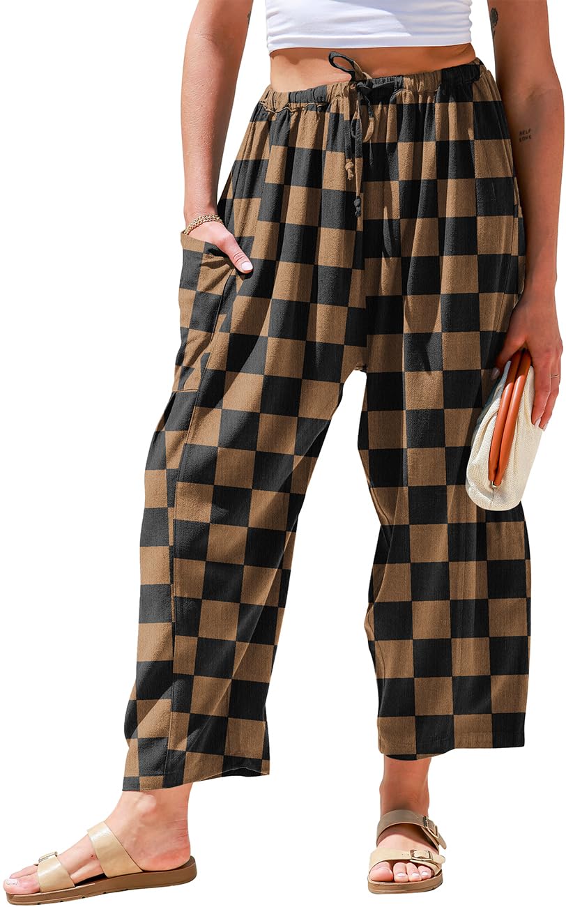 TARSE Womens Linen Palazzo Pants Wide Leg Casual Loose Drawstring Pants