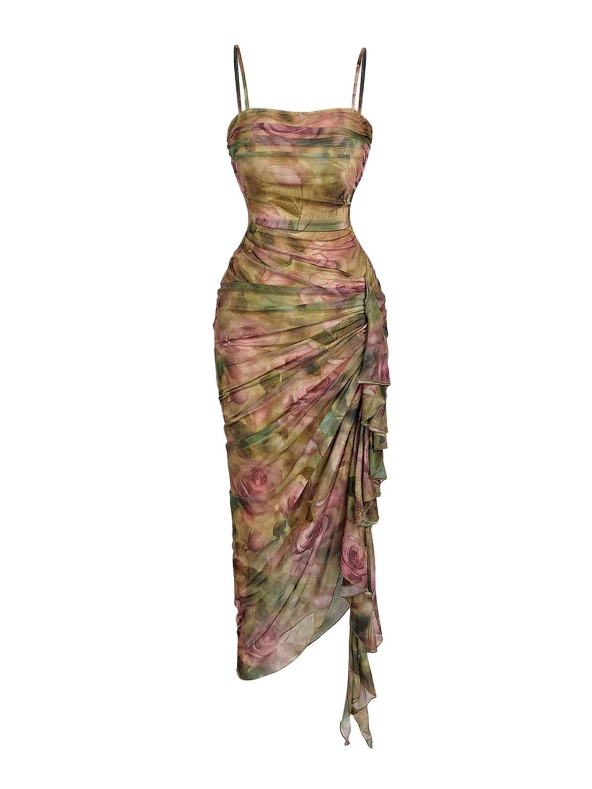SOLY HUX Women's Floral Mesh Ruffle Hem Bodycon Midi Dress