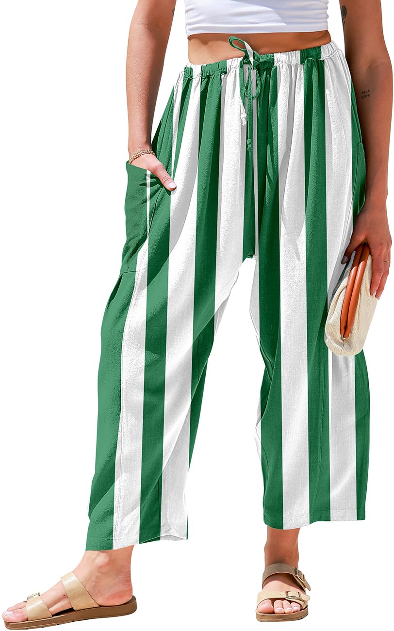 TARSE Womens Wide Leg Striped Linen Pants with Pocket