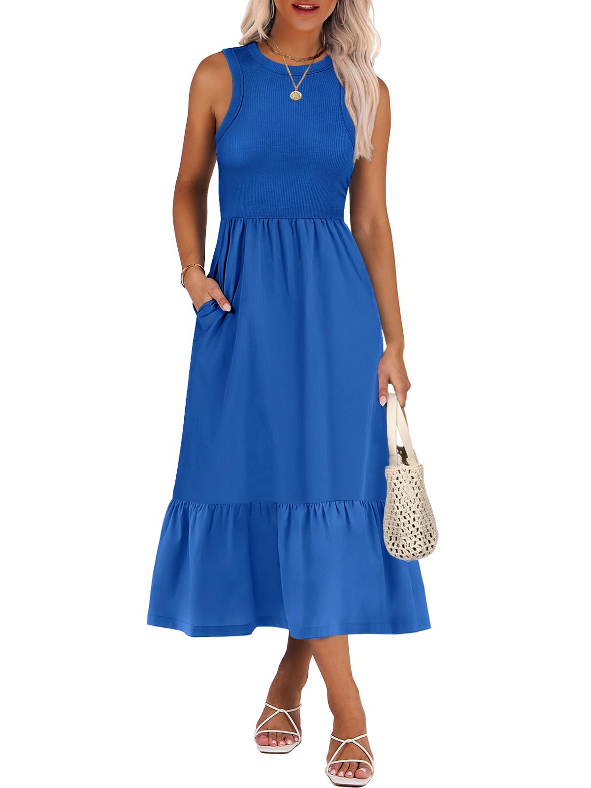 ANRABESS Womens Summer Dresses Casual Beach Tank Midi Sundress with Pockets