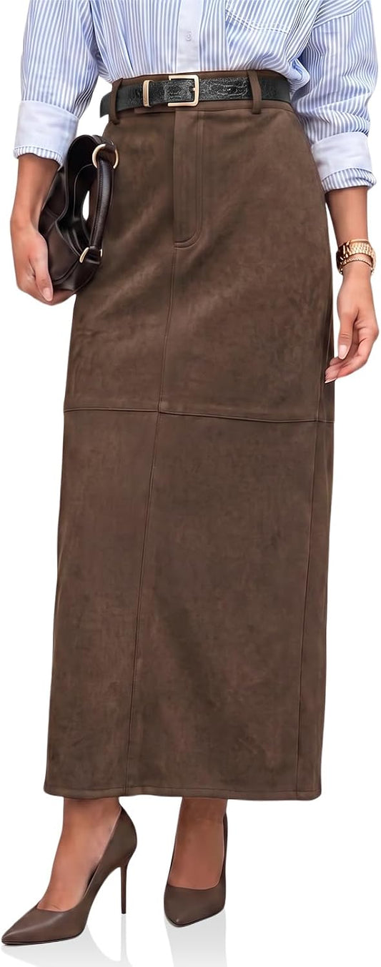 Cicy Bell Womens Suede Maxi Skirt High Waisted Slit Patchwork Pencil Skirts