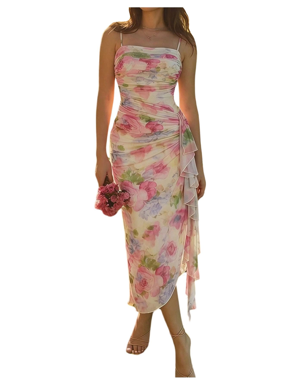 SOLY HUX Women's Floral Mesh Ruffle Hem Bodycon Midi Dress