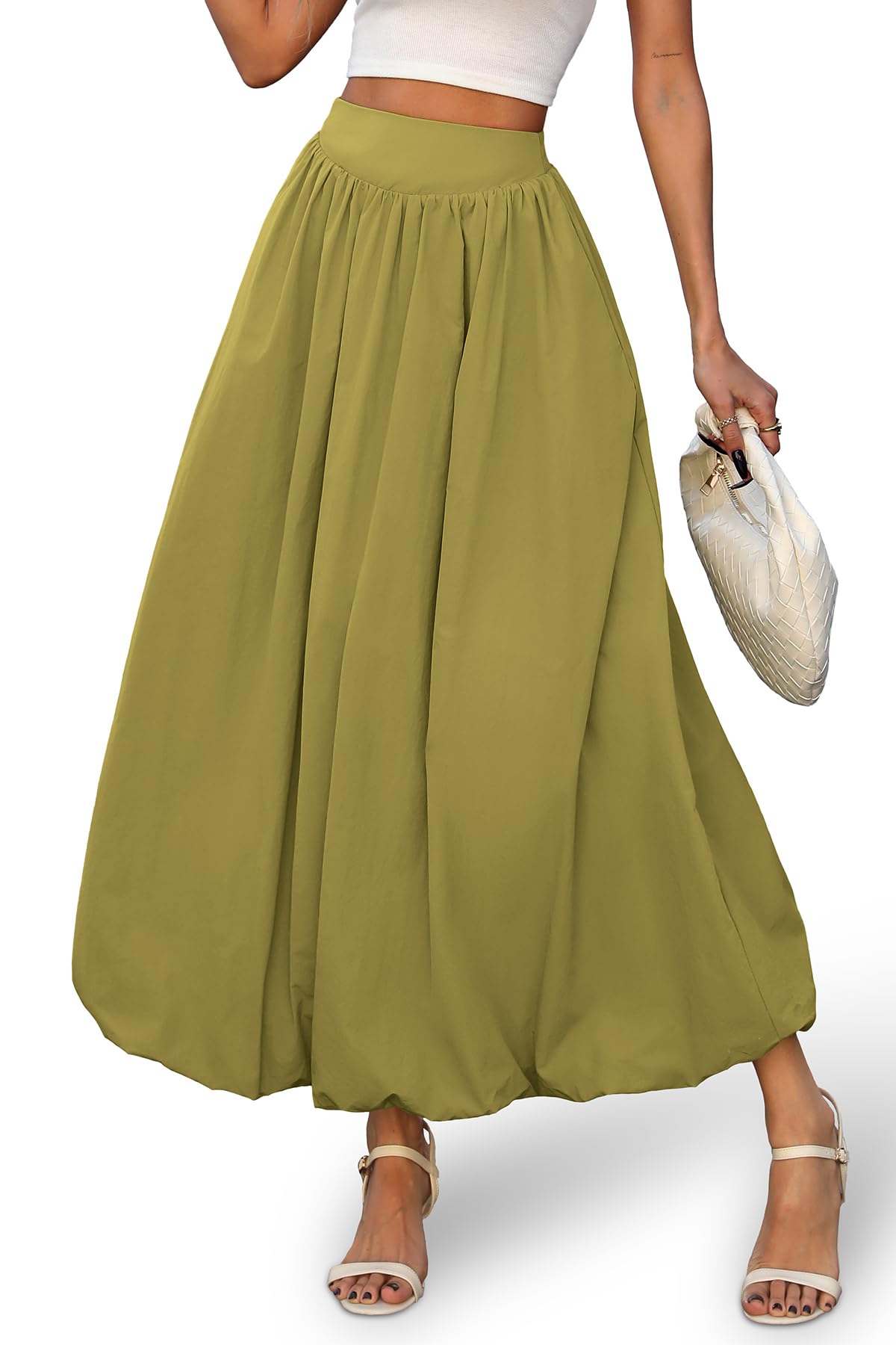 ELLEVEN Women's Bubble Maxi Skirt, Elastic Waist Puffy Hem A-Line Skirts