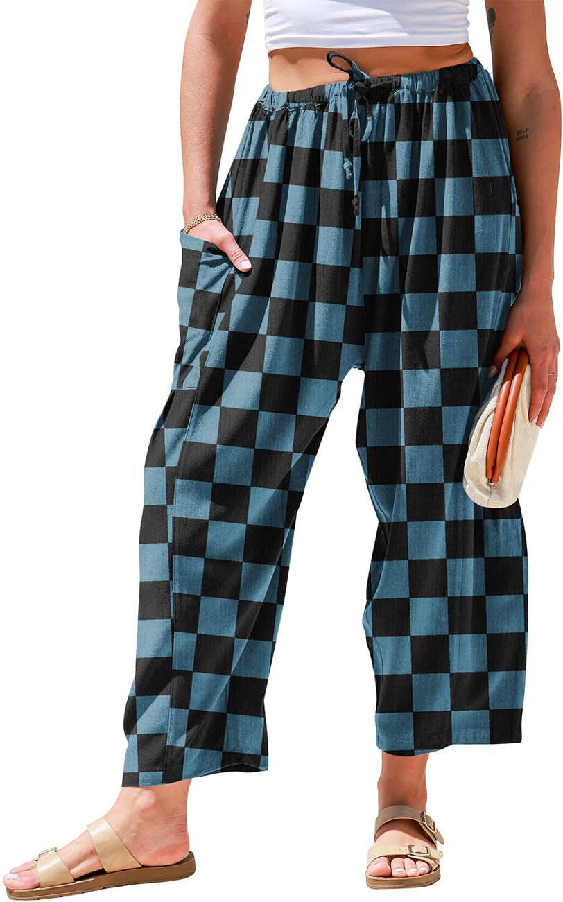 TARSE Womens Linen Palazzo Pants Wide Leg Casual Loose Drawstring Pants