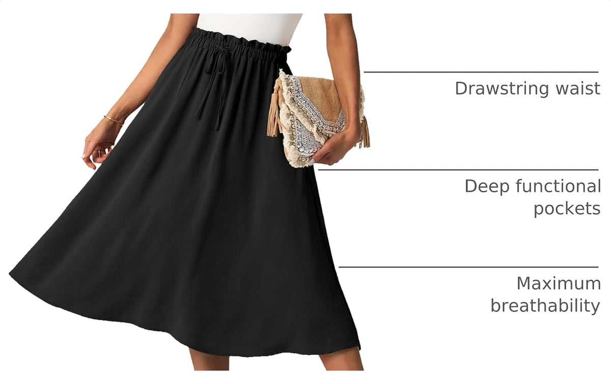 FREEOAK High Waist Skirts for Women Below Knee Casual Flowy Summer Midi Skirts Palazzo A-Line Long Skirt with Pockets