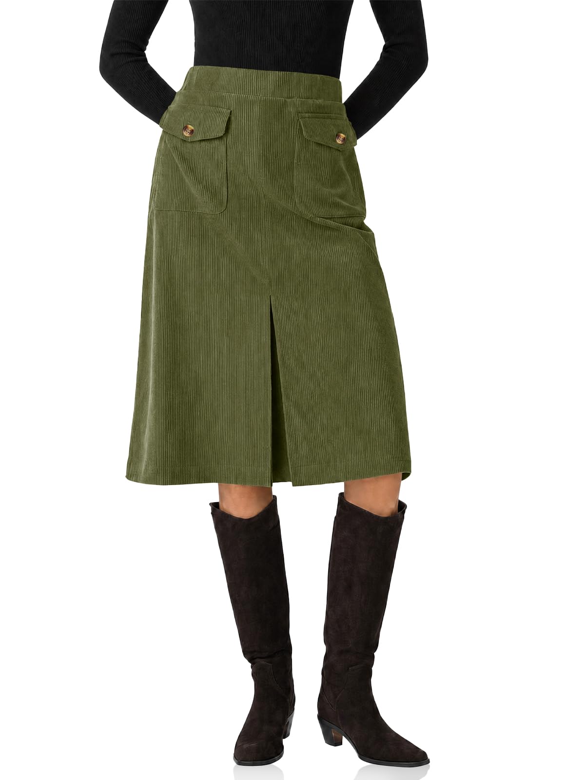 Cicy Bell Women Corduroy Midi Skirt Fall A-Line Front Slit Skirts