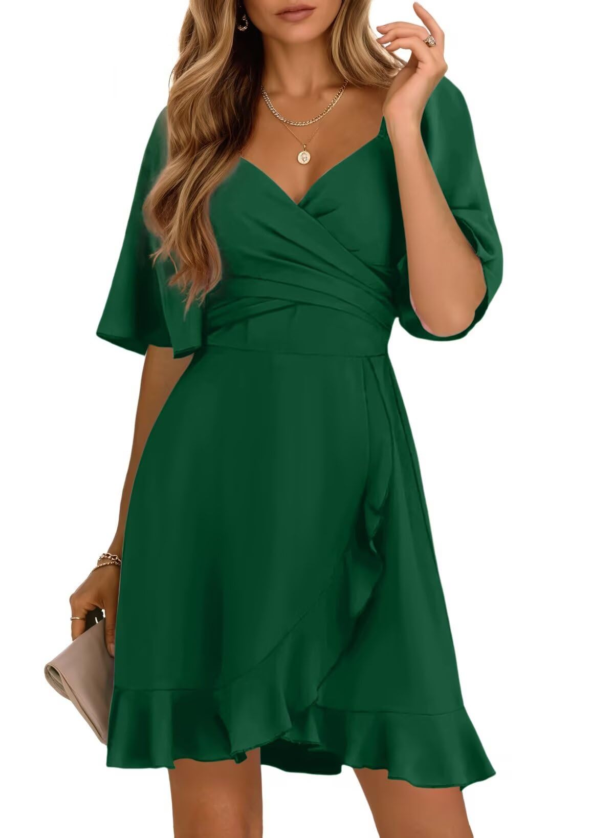 Dokotoo Women's Wrap V Neck Short Flared Sleeve Wedding Guest Dress Smocked Elastic Waist Tiered Belted Ruffle Hem Mini Dress