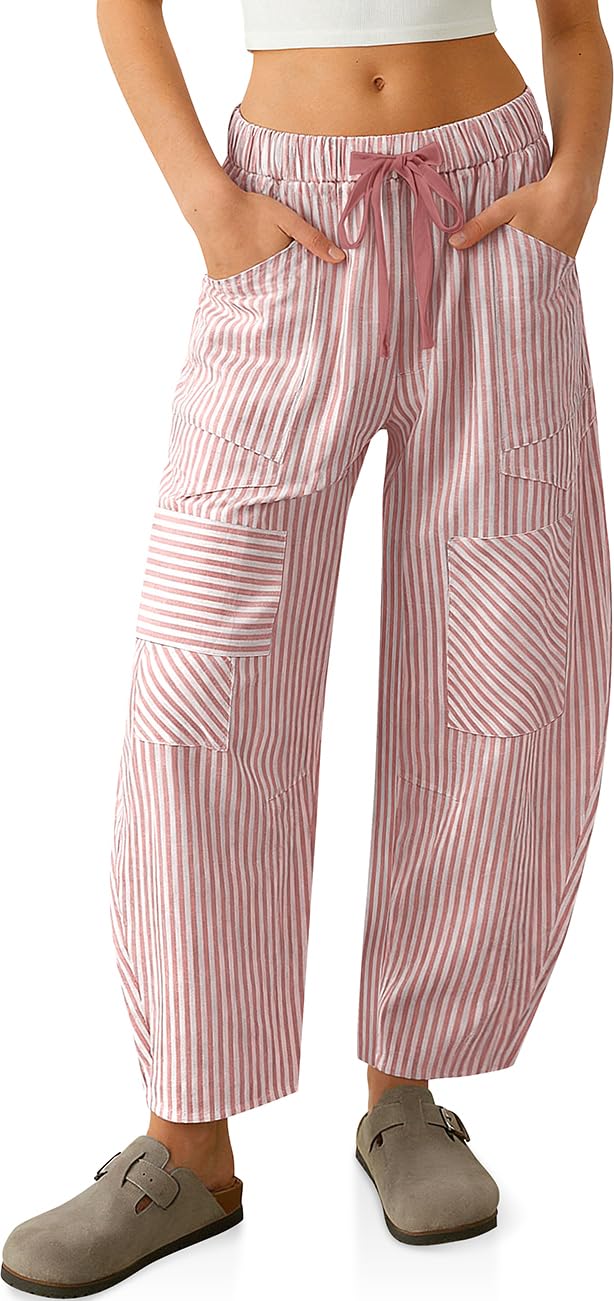 TARSE Womens Striped Linen Barrel Pants with Pockets Y2k Patchwork