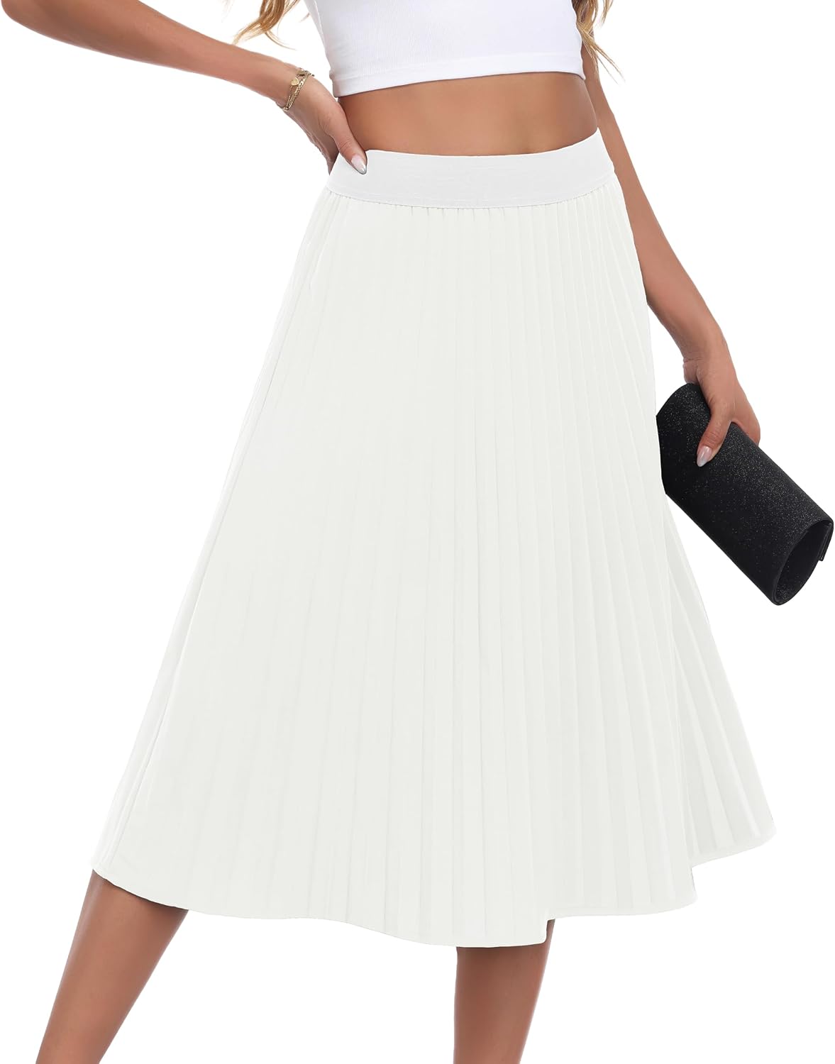CZYINXIAN Pleated Midi Skirts for Women Elastic High Waist A-Line Skirt