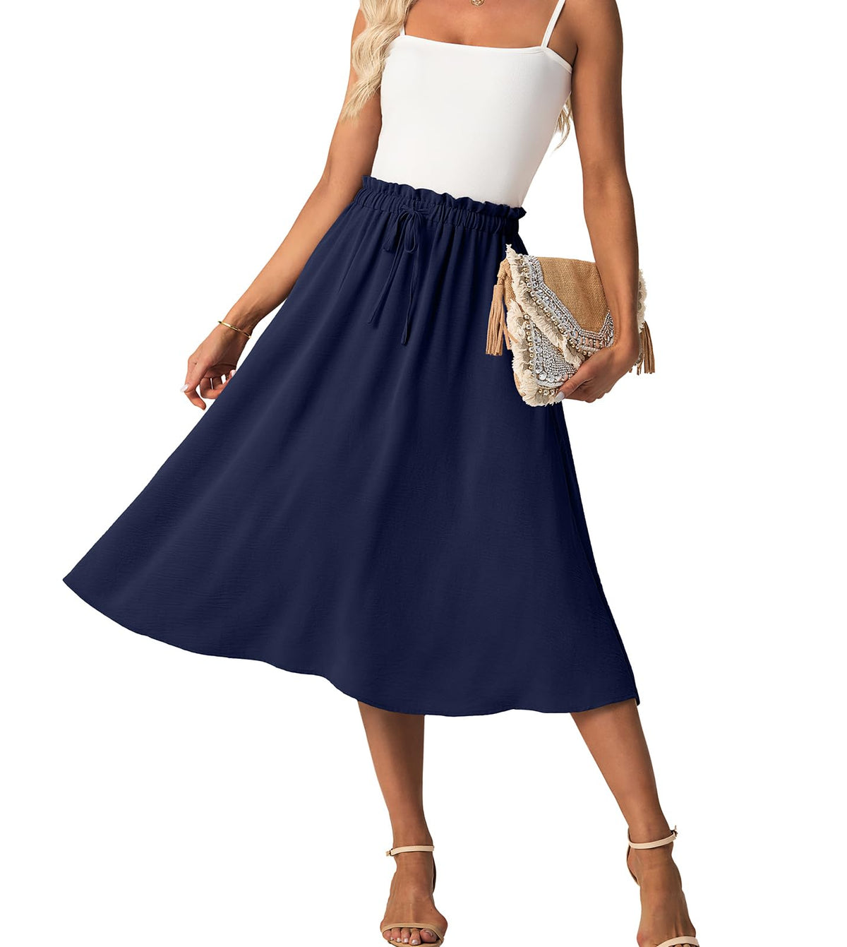 FREEOAK High Waist Skirts for Women Below Knee Casual Flowy Summer Midi Skirts Palazzo A-Line Long Skirt with Pockets