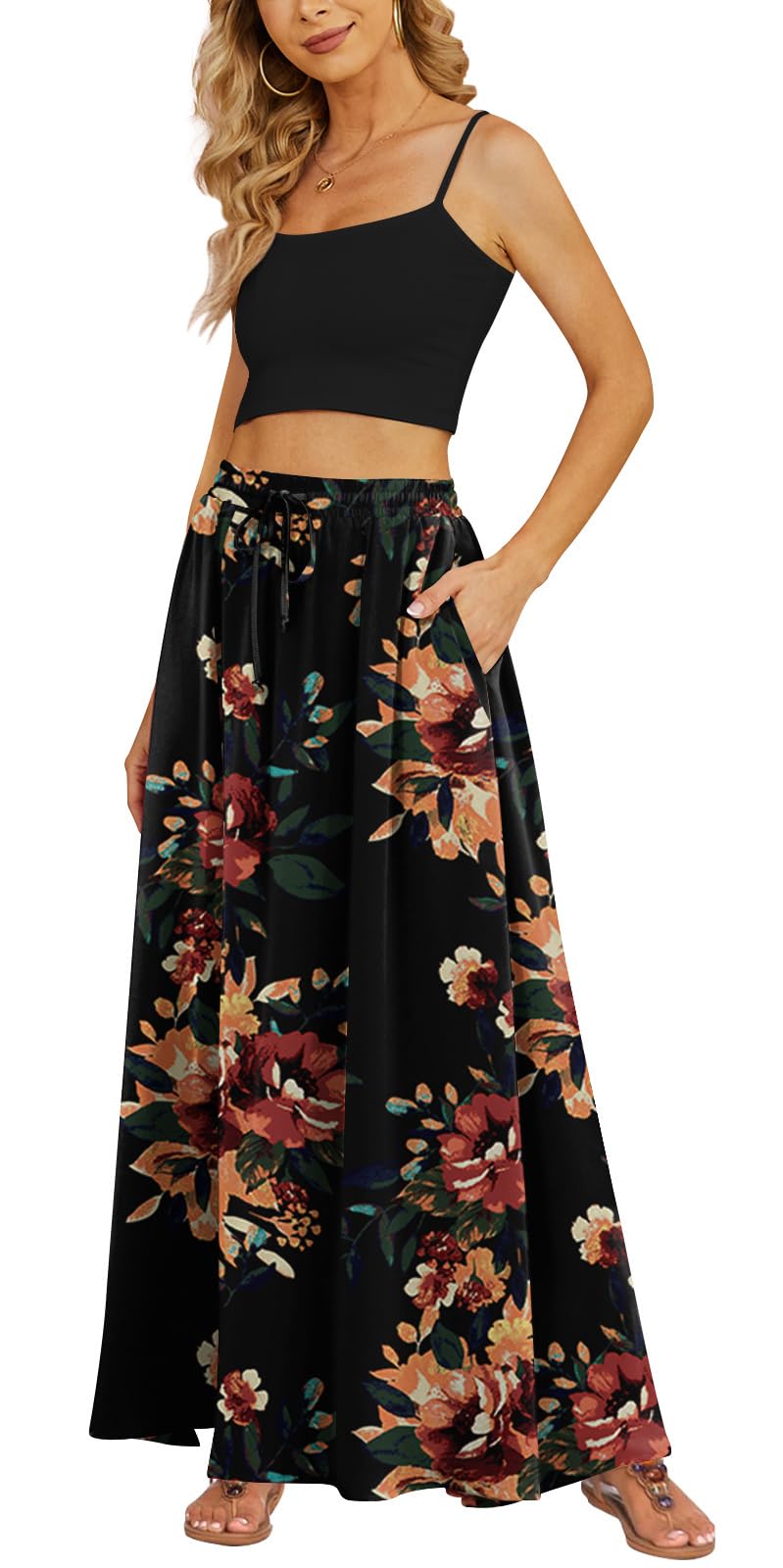 Yincro Women's Maxi Skirt Flowy High Waist Casual Long Skirts with Pockets