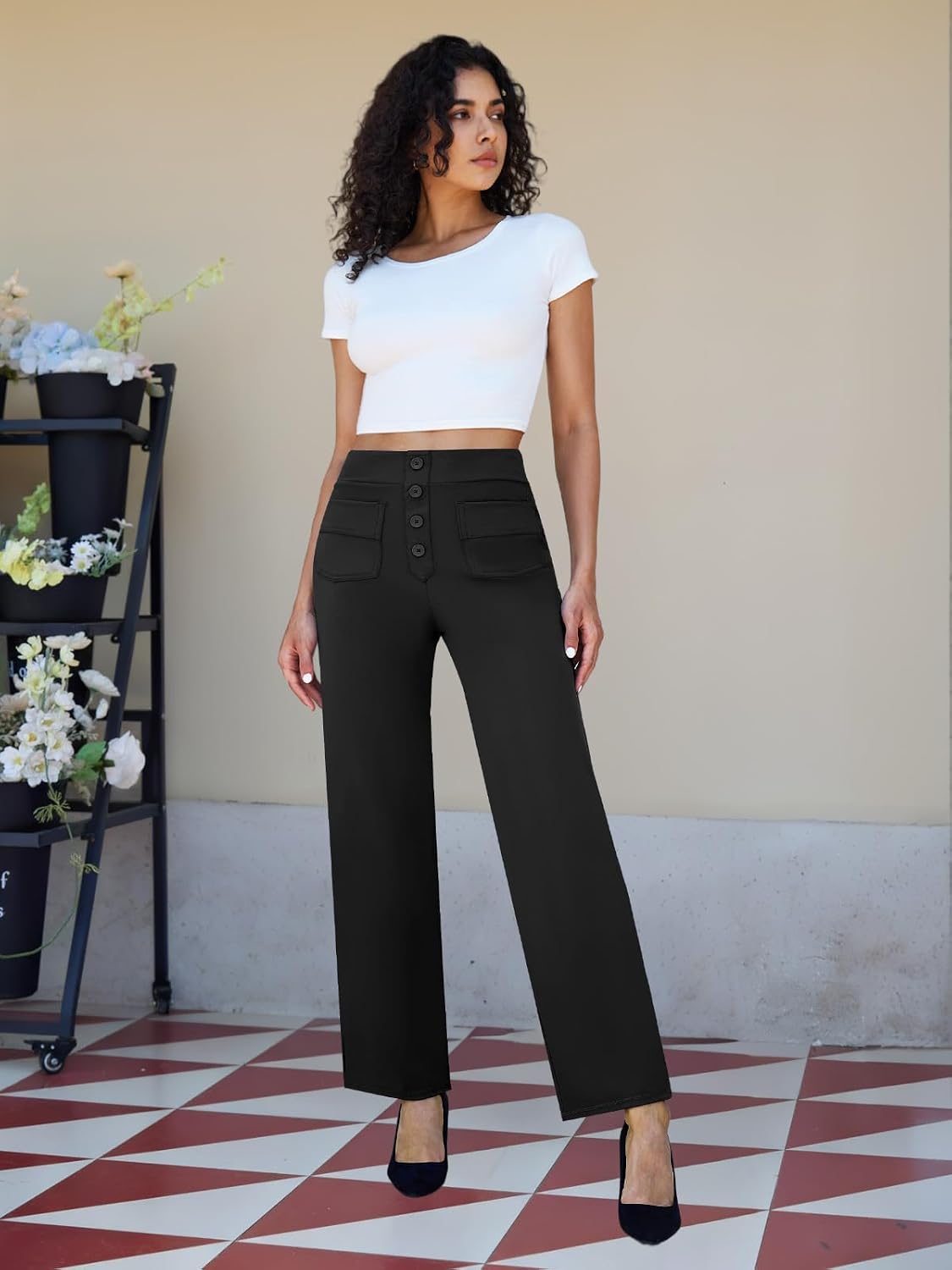 keriffe Women's Straight Leg Dress Pants Stretchy Work Trousers