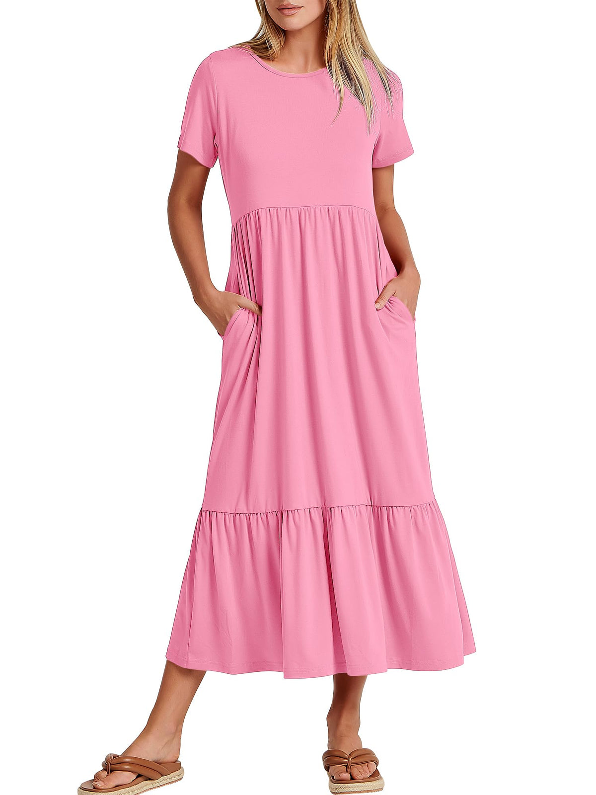 ANRABESS Womens 2026 Summer Casual Maxi Dress A line Tiered Flowy Short Sleeve Crewneck T Shirt Beach Travel Long Dresses