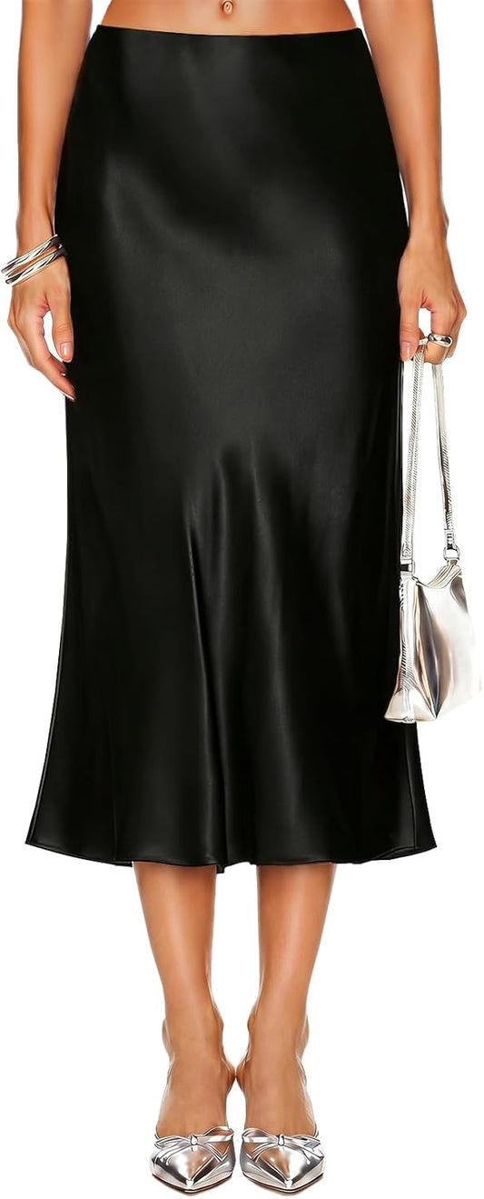 DooMoni Satin Skirts for Women White High Waisted Long Midi Silk Skirt