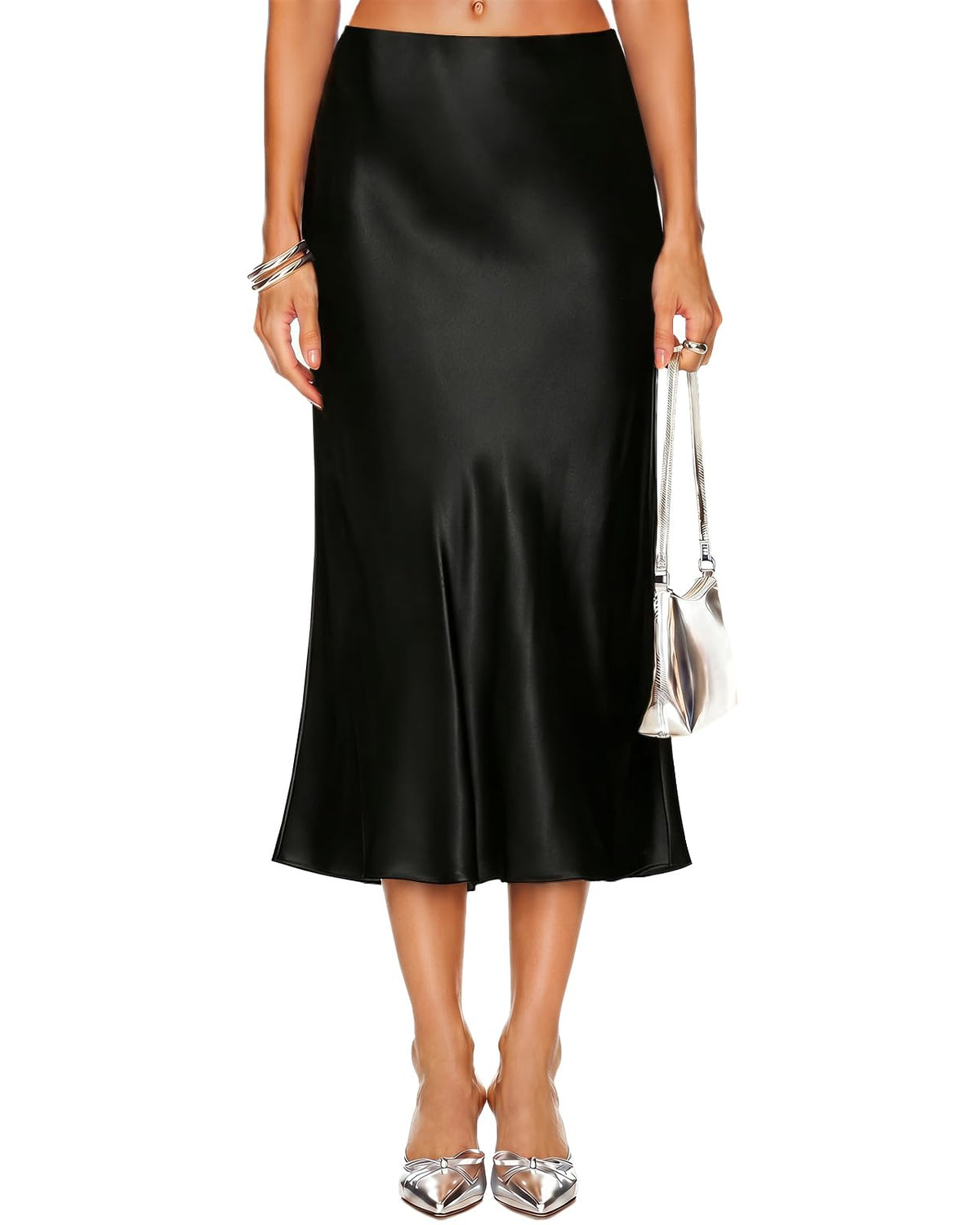 DooMoni Satin Skirts for Women White High Waisted Long Midi Silk Skirt