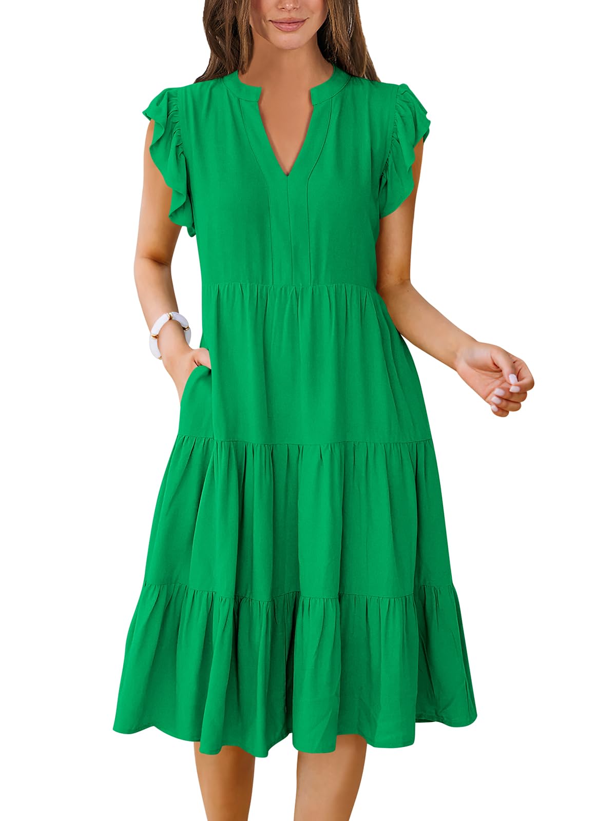 ANRABESS Womens Summer Dress Ruffle Sleeve V Neck Midi Dresses