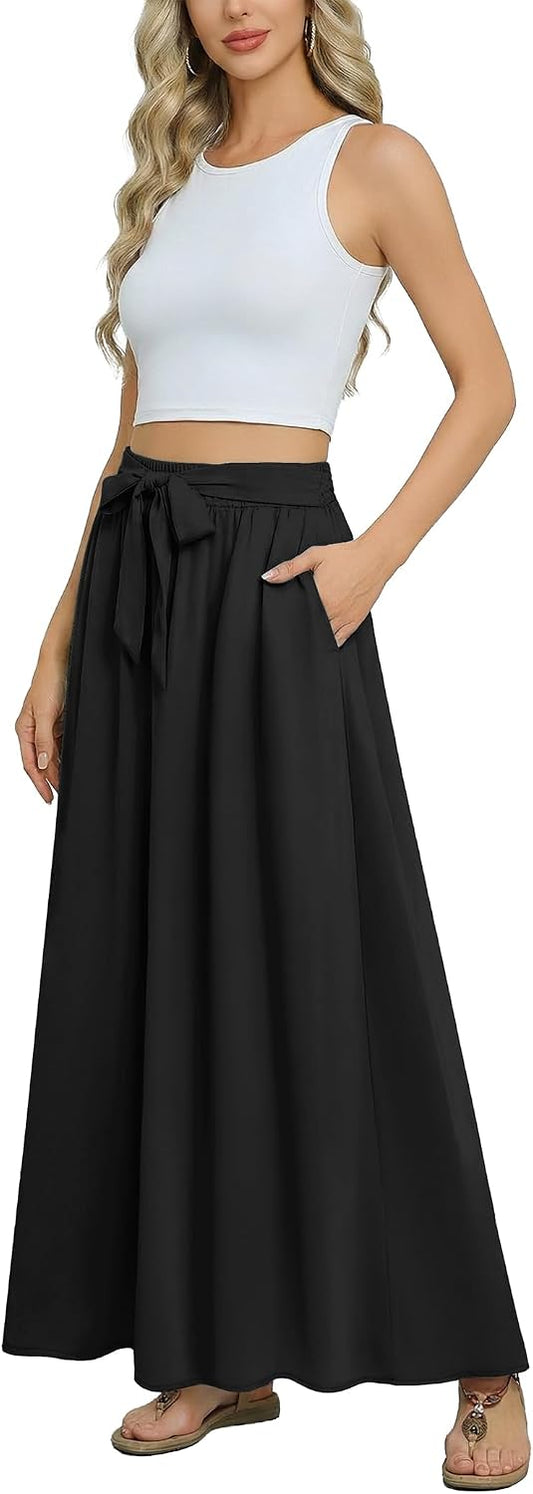 Askyes Womens Maxi Skirt Summer Trendy Tie Knot Elastic High Waisted Boho Casual Beach Flowy Swing Long Skirts with Pockets