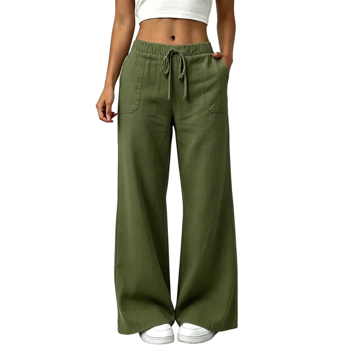 YRAETENM Wide Leg Linen Pants for Women Drawstring High Waisted Trousers