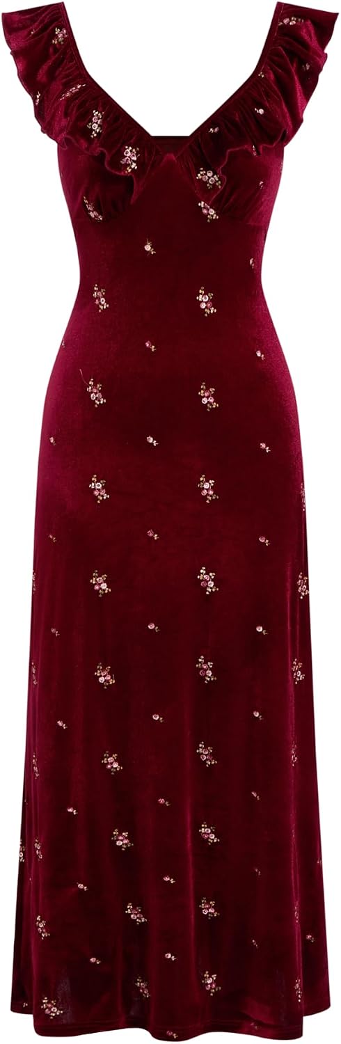 CIDER Womens Velvet Maxi Dresses Sleeveless Floral Long Party Dress