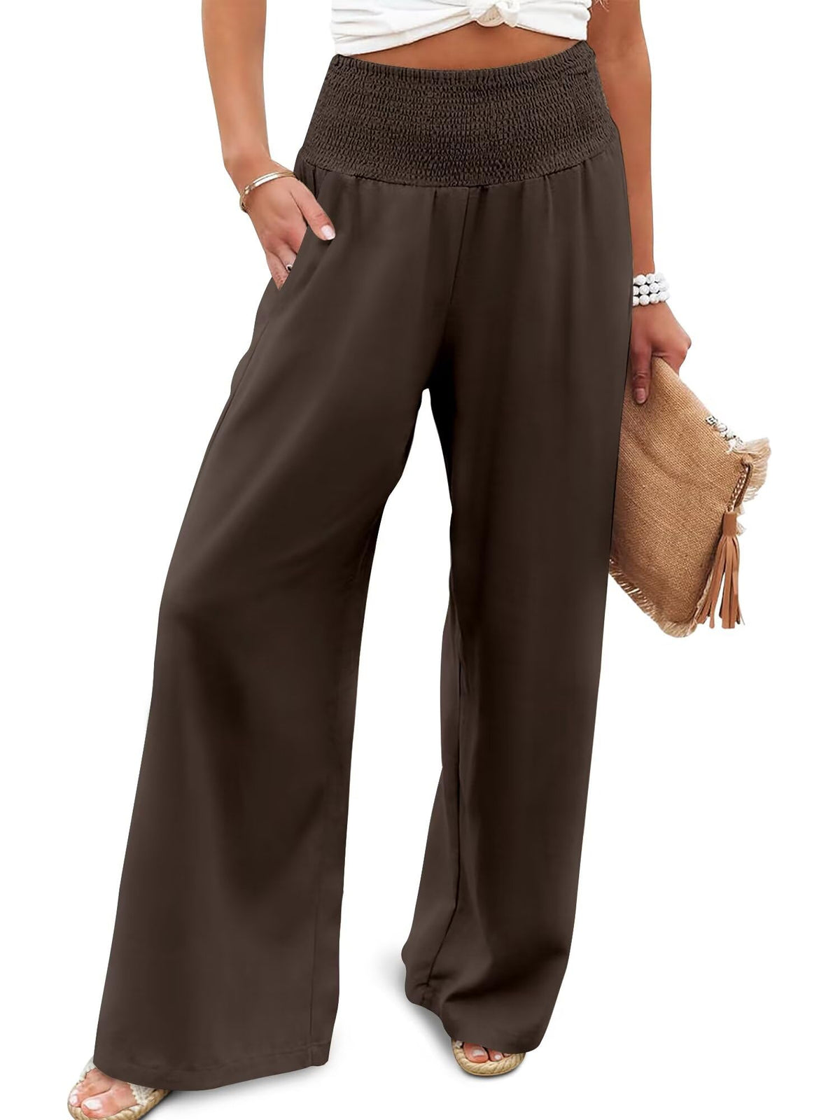JZC Womens Wide Leg Pants Elastic High Waisted Palazzo Pants Summer Flowy Casual Trousers Beach Travel Vacation Outfits