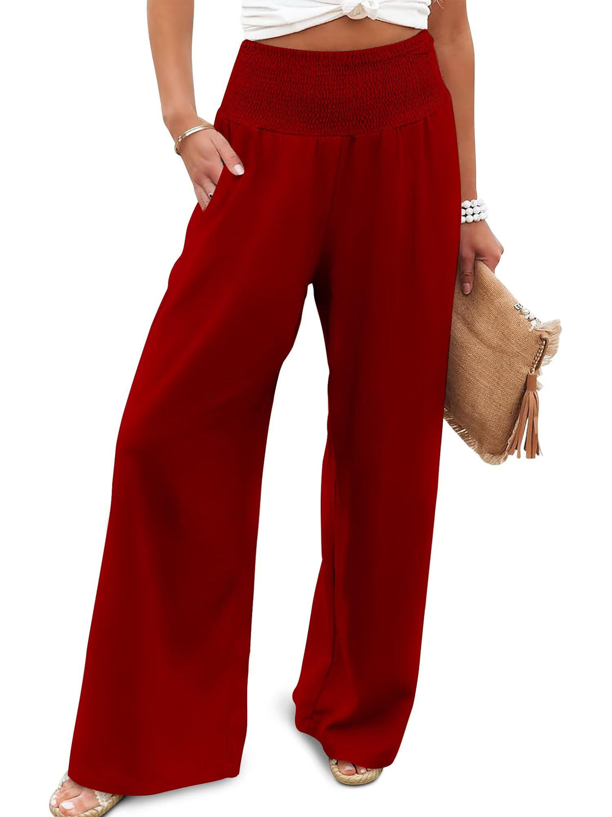 JZC Womens Wide Leg Pants Elastic High Waisted Palazzo Pants Summer Flowy Casual Trousers Beach Travel Vacation Outfits