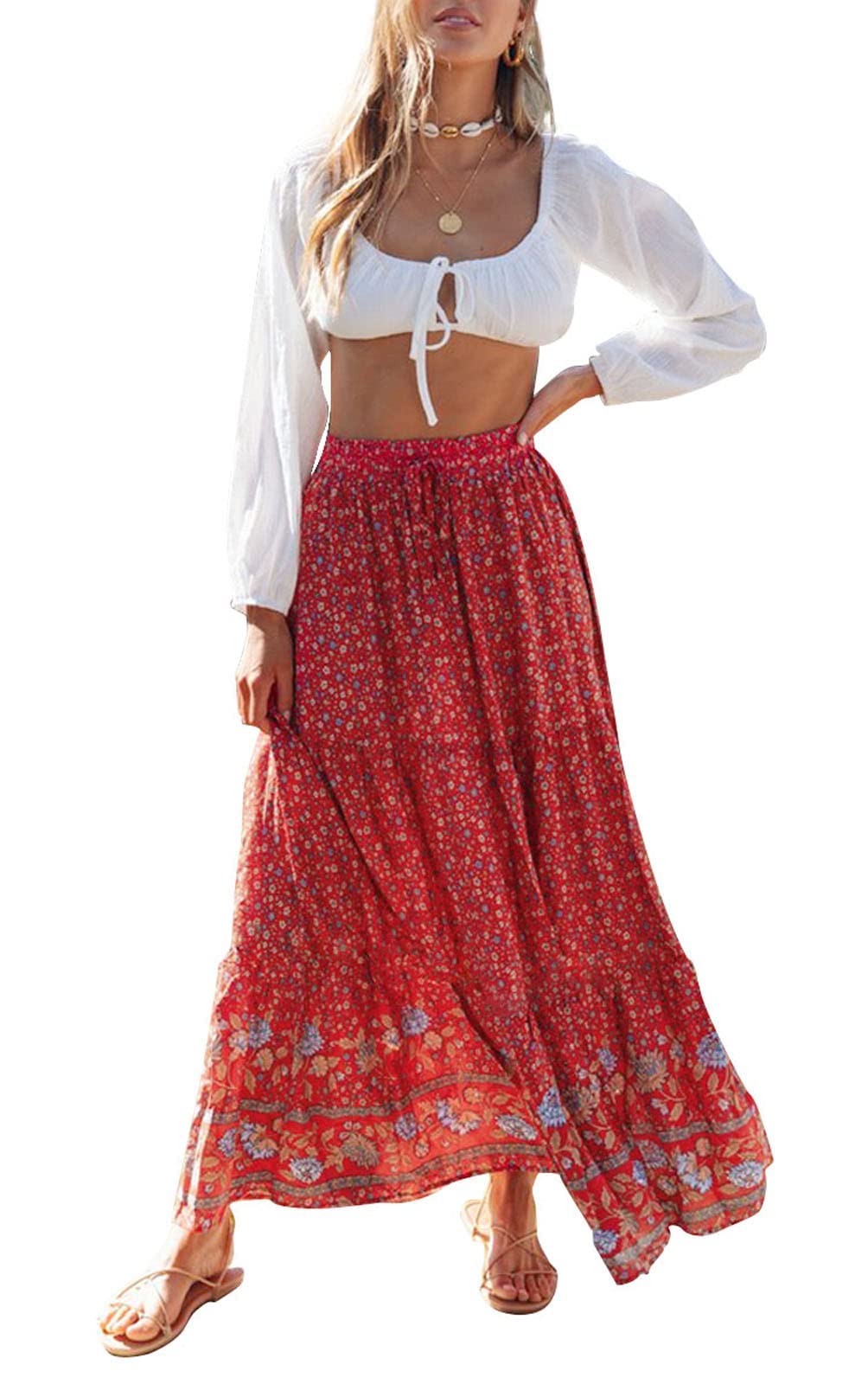 ZESICA Women's Bohemian Floral Printed Elastic Waist A Line Maxi Skirt