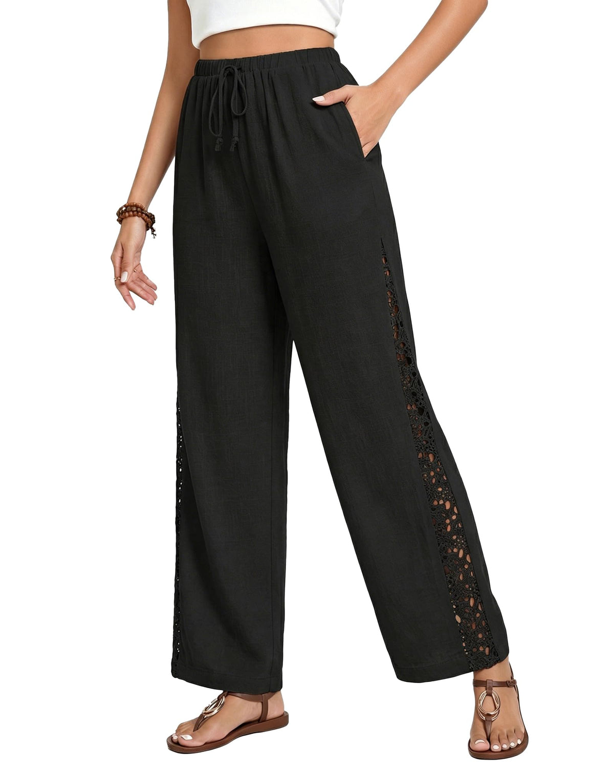 GRAPENT Linen Pants Women Wide Leg High Waisted Crochet Panel Pull On Elastic Waist Casual Summer Beach Vacation Pants