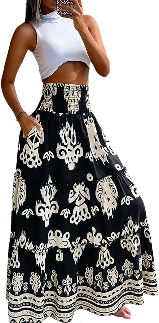 CHICME Women's Boho Floral Summer Maxi Skirt with Pockets Vacation Outfit