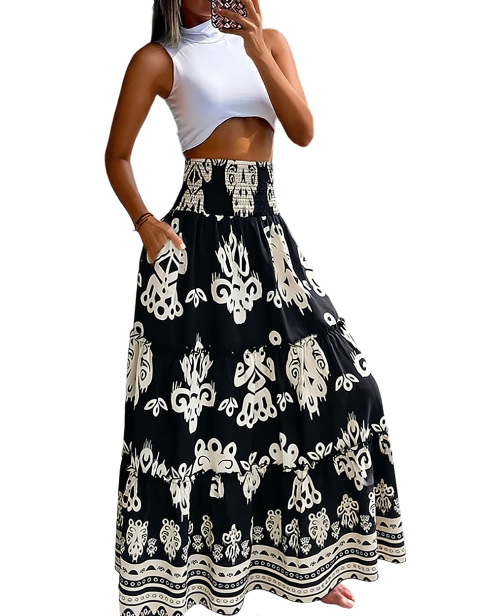 CHICME Women's Boho Floral Summer Maxi Skirt with Pockets Vacation Outfit