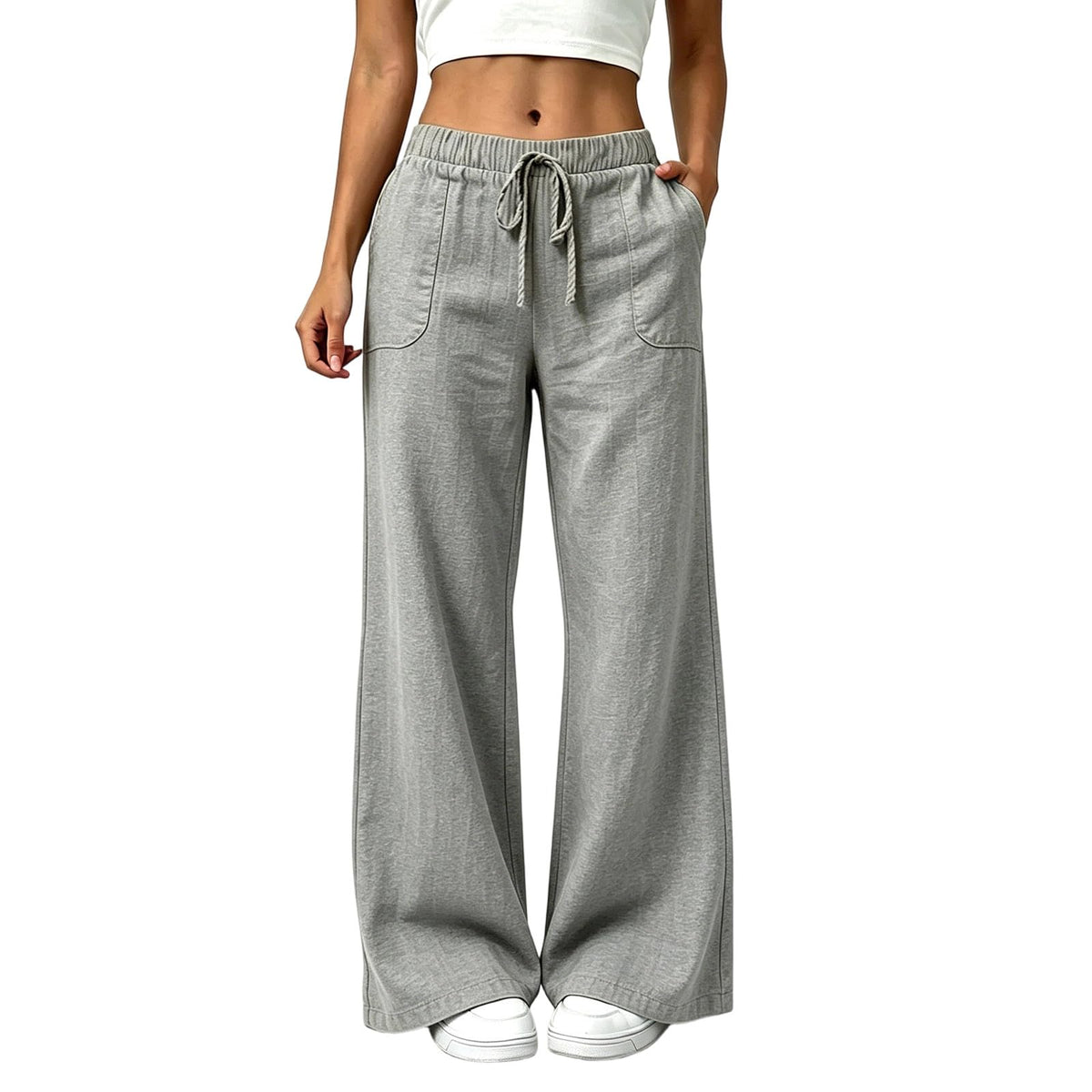 YRAETENM Wide Leg Linen Pants for Women Drawstring High Waisted Trousers
